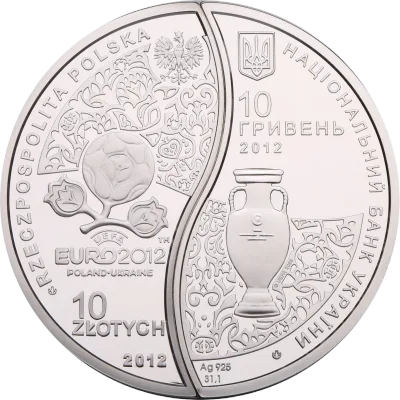 Аверс Срібна монета УЄФА. Євро 2012. Україна-Польща (набір з двох монет, які складаються в коло діаметром 50 мм) 10 грн.