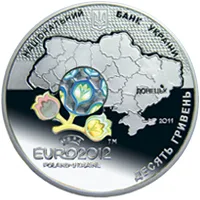 Аверс Срібна монета Фінальний турнір чемпіонату Європи з футболу 2012. Місто Донецьк 10 грн.