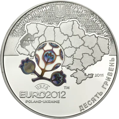 Аверс Срібна монета Фінальний турнір чемпіонату Європи з футболу 2012. Місто Львів 10 грн.