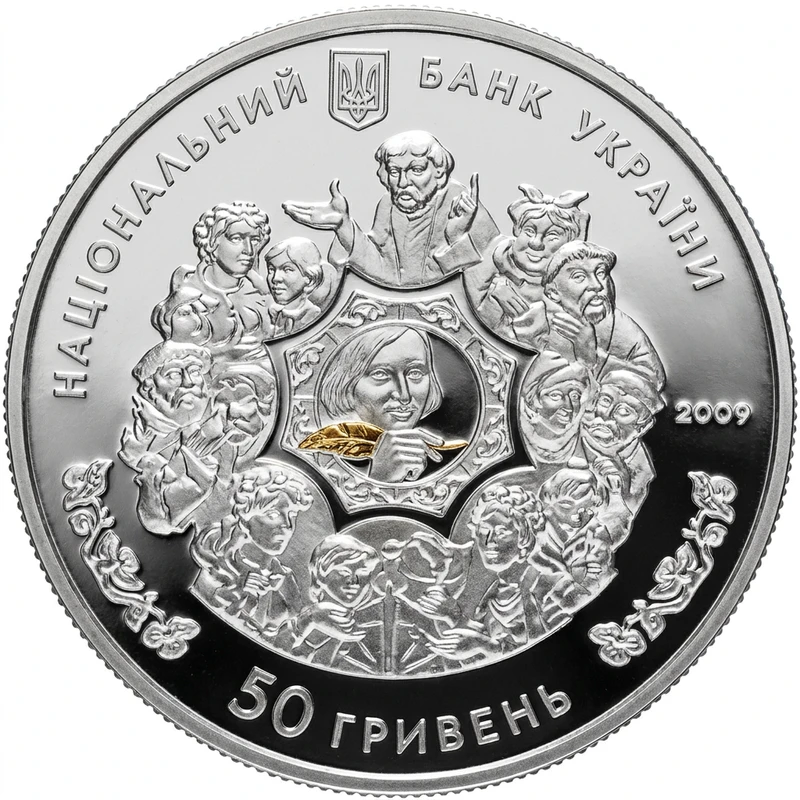 Аверс монети срібла «Срібна монета За твором М.В.Гоголя `Вечори на хуторі біля Диканьки`», 2009 рік, 50 ₴