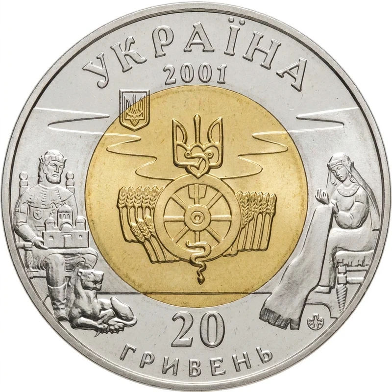 Аверс монети біметалу «Біметалева монета Київська Русь (золото + срібло)», 2001 рік, 20 ₴