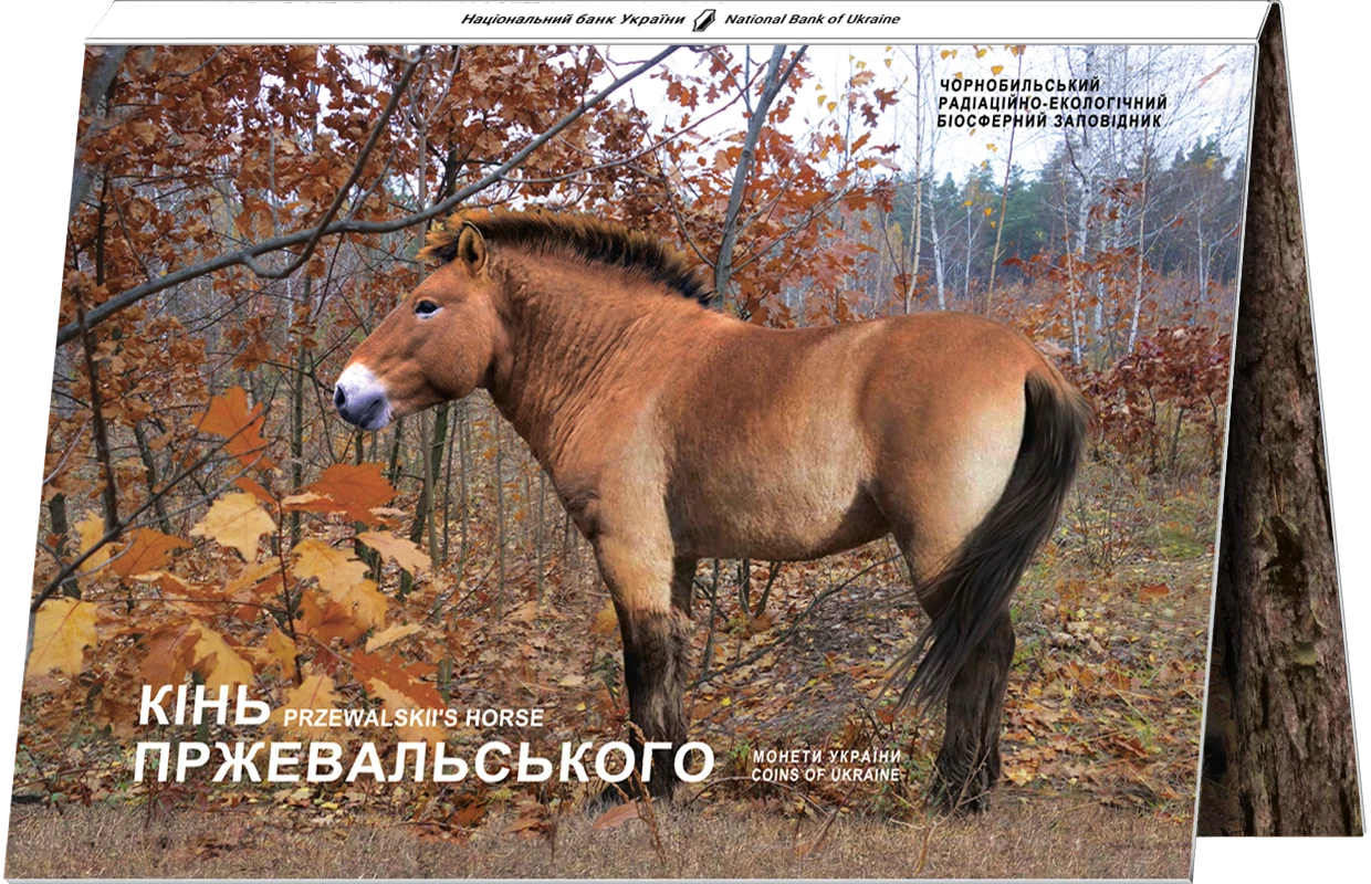 Аверс монети нейзильберу «Монета Чорнобиль. Відродження. Кінь Пржевальського у сувенірній упаковці», 2021 рік, 5 ₴