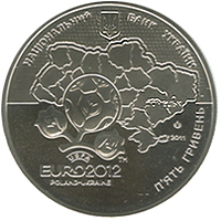 Аверс монети нейзильберу «Монета Фінальний турнір чемпіонату Європи з футболу 2012. Місто Донецьк», 2011 рік, 5 ₴
